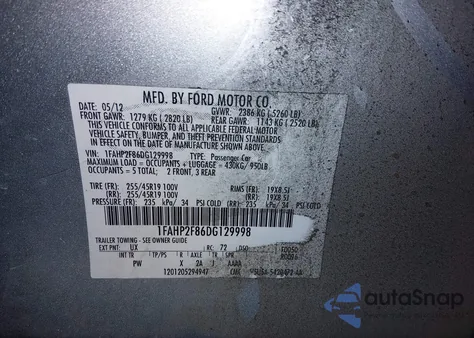 2013 Ford Taurus Limited z USA, uszkodzony, nr VIN 1FAHP2F86DG129998